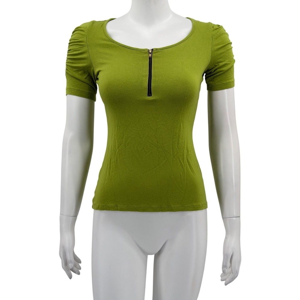 New Directions Top Womens Small Petite Green Zip Ruched Sleeve Stretch Dressy